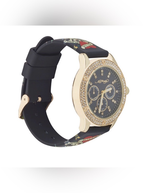Ed Hardy Gold Tone Black Dial Watch with Red & Green Tattoo Strap #055